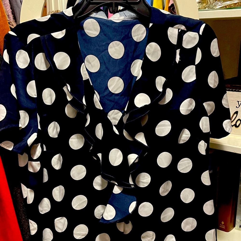 Black and white polka dot blouse.